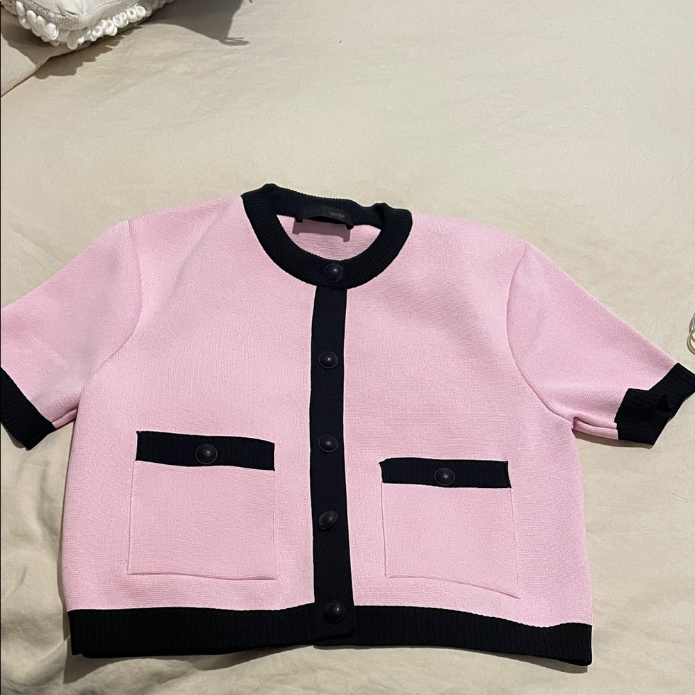 Zara Pink Short-Sleeve Cardigan with Black Trim